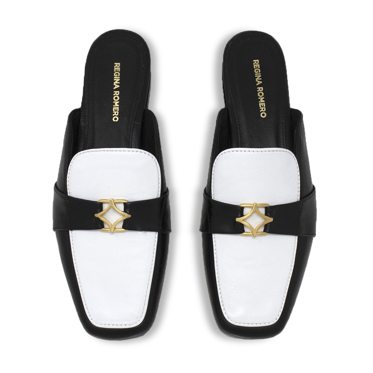 SAMMY - Negro y Blanco Regina Romero Zapato Flat Mule de Piso Para Dama en Piel