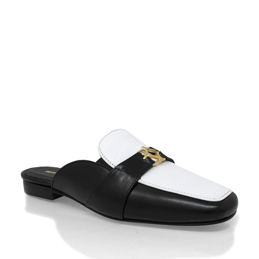 SAMMY - Negro y Blanco Regina Romero Zapato Flat Mule de Piso Para Dama en Piel