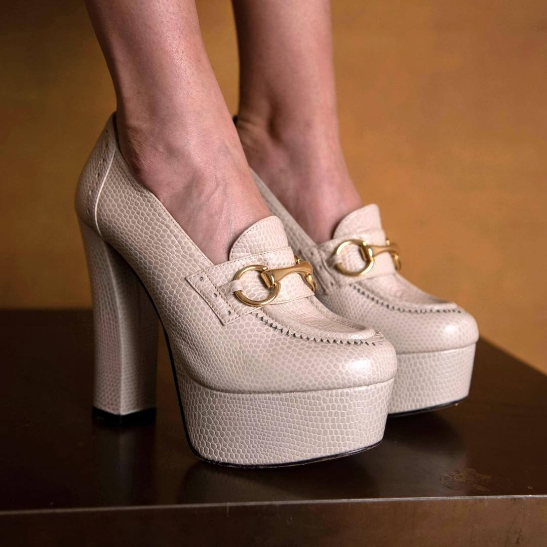 1990 - Crema Regina Romero Zapato Plataforma Tacon Alto Para Dama en Piel