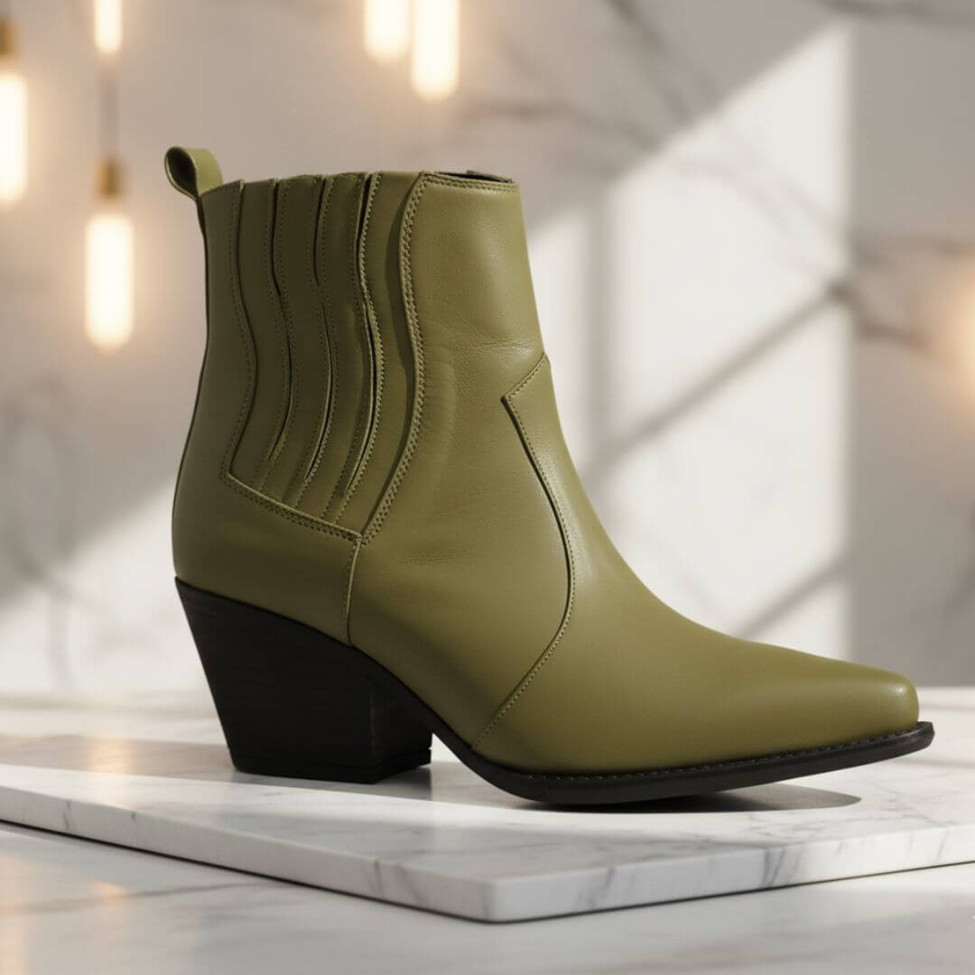 MAGGIE 60 - Khaki Regina Romero Zapato Bota Botin Tacon Bajo Para Dama en Piel