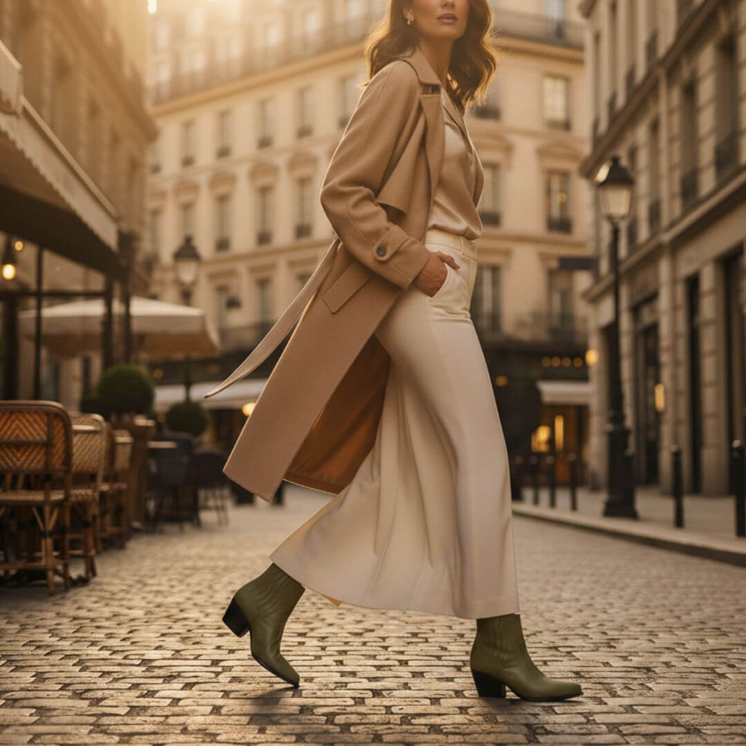 MAGGIE 60 - Khaki Regina Romero Zapato Bota Botin Tacon Bajo Para Dama en Piel