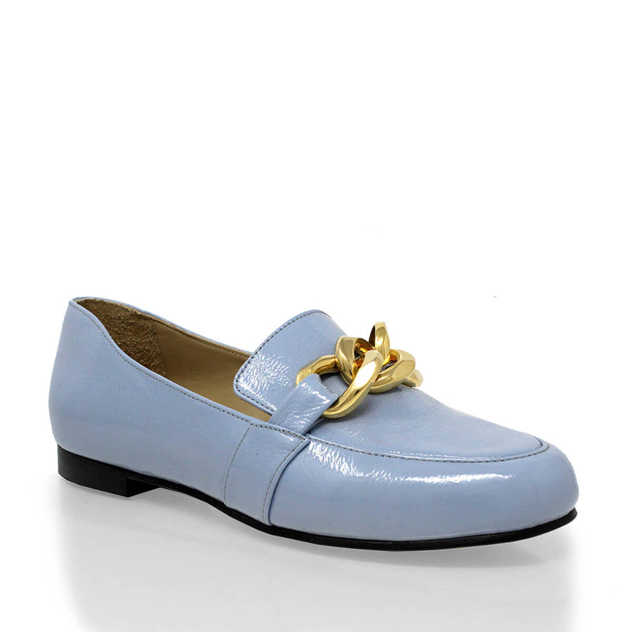 ALINE - Charol Azul Regina Romero Zapato Mocasin de Piso Para Dama en Piel