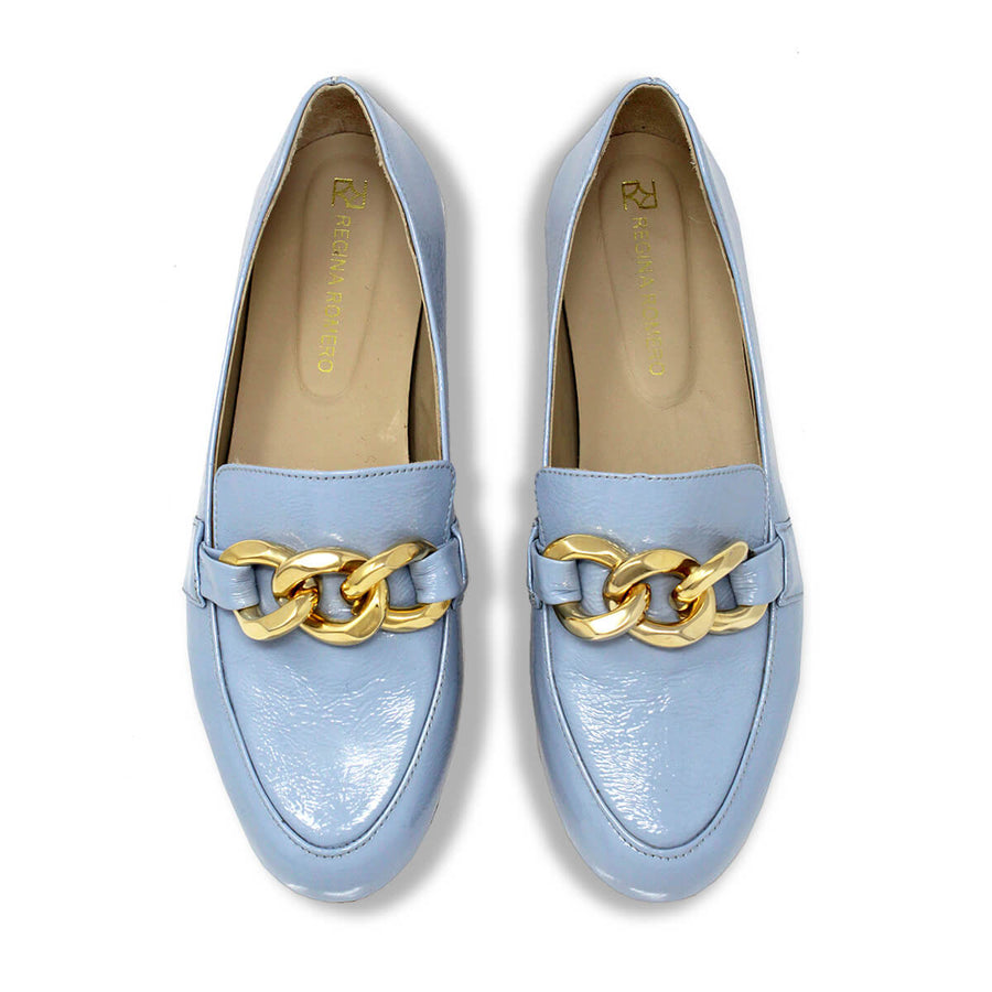 ALINE - Charol Azul Regina Romero Zapato Mocasin de Piso Para Dama en Piel