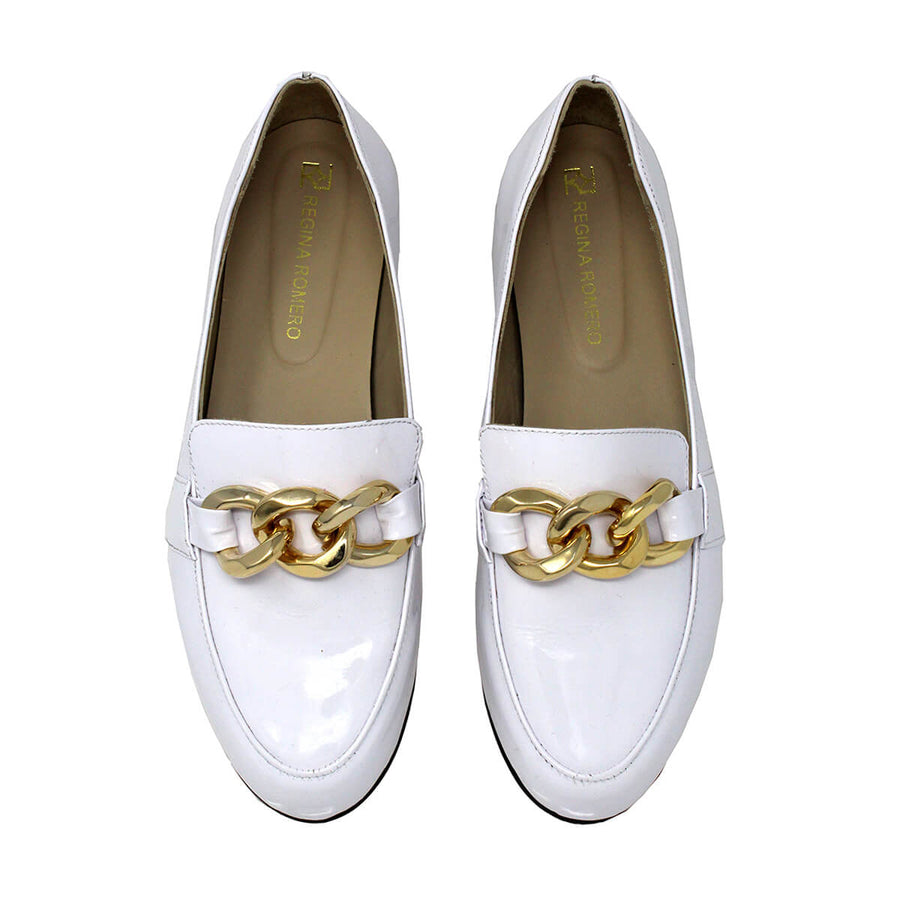 ALINE - Charol Blanco Regina Romero Zapato Mocasin de Piso Para Dama en Piel