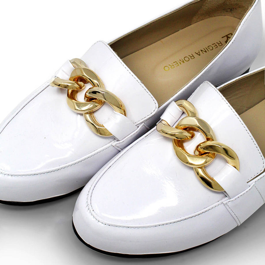 ALINE - Charol Blanco Regina Romero Zapato Mocasin de Piso Para Dama en Piel