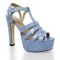 ROMI 135 - Charol Azul Claro Regina Romero Zapato Sandalia Plataforma Tacon Alto Para Dama en Piel