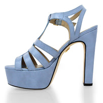 ROMI 135 - Charol Azul Claro Regina Romero Zapato Sandalia Plataforma Tacon Alto Para Dama en Piel