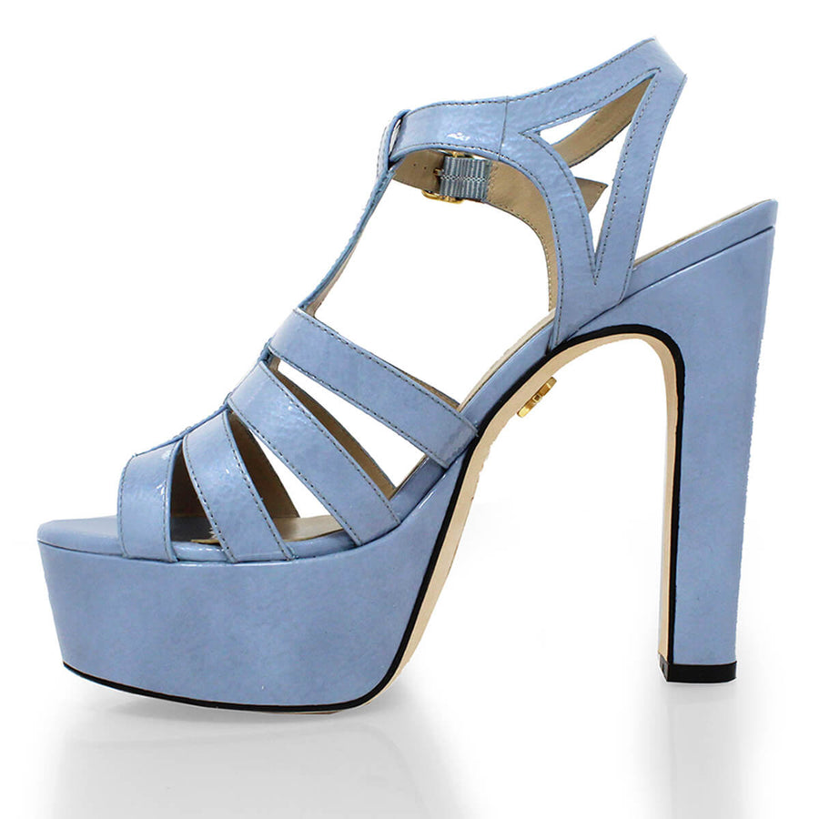 ROMI 135 - Charol Azul Claro Regina Romero Zapato Sandalia Plataforma Tacon Alto Para Dama en Piel