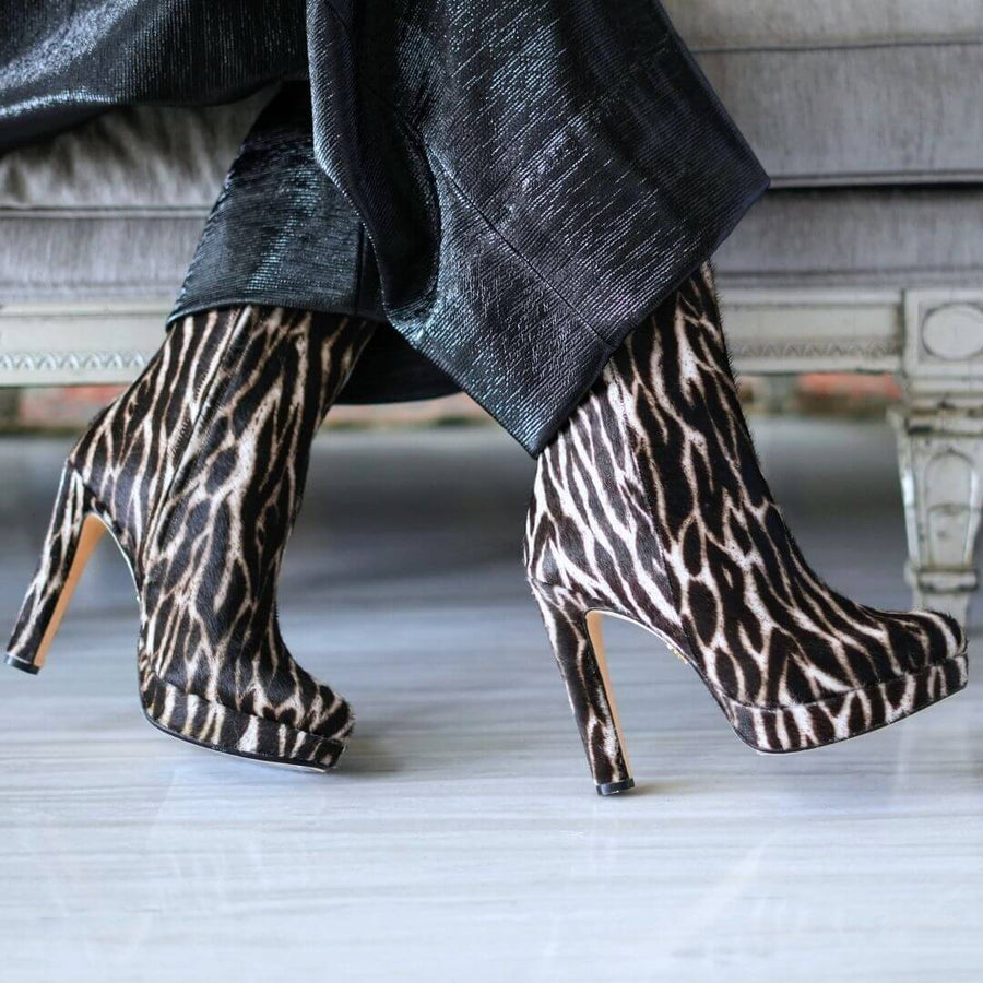 ALIX 120 - Cafe Print Regina Romero High Heel Platform Ankle Boot Shoe for Women in Leather