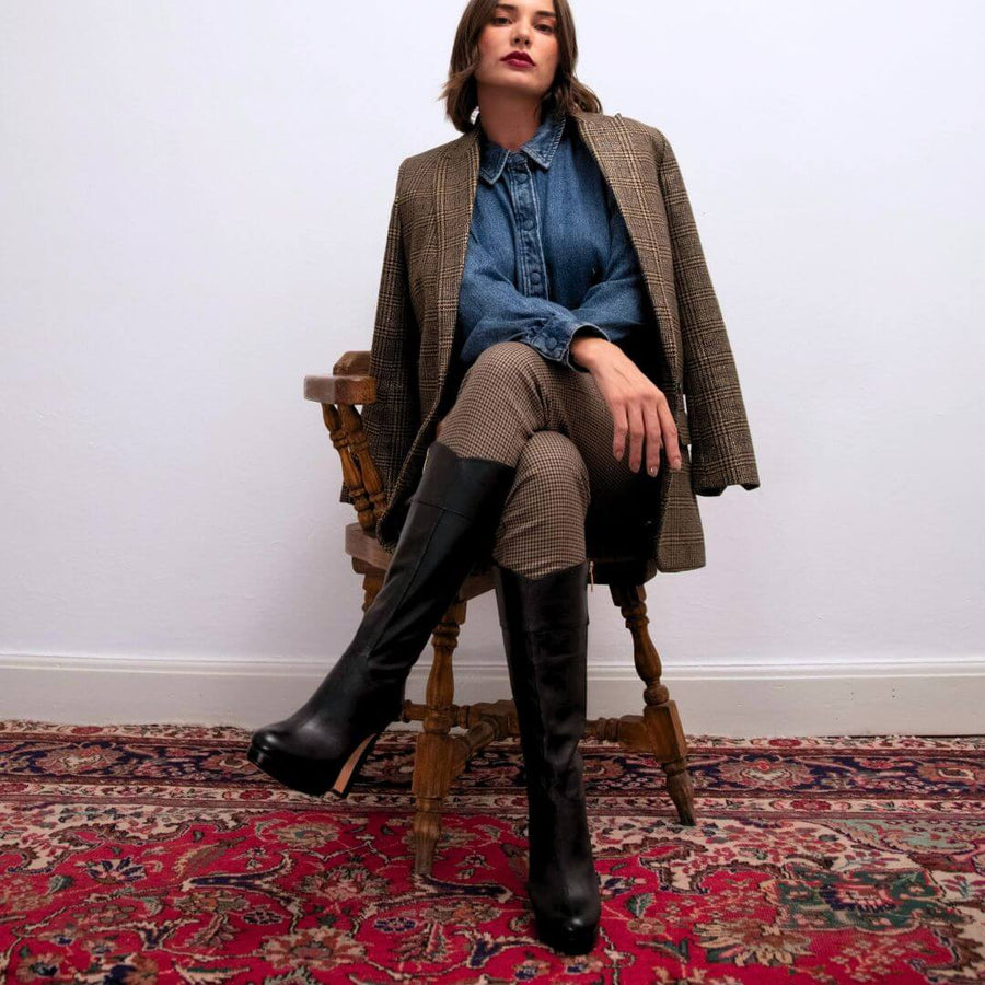 ANGELA 120 - Negro Regina Romero Zapato Bota Larga Tacon Alto Para Dama en Piel