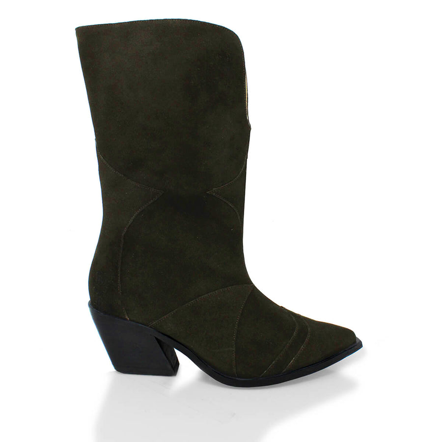 GIGI 60 - Green Suede Regina Romero Low Heel Ankle Boot Shoe for Women in Leather