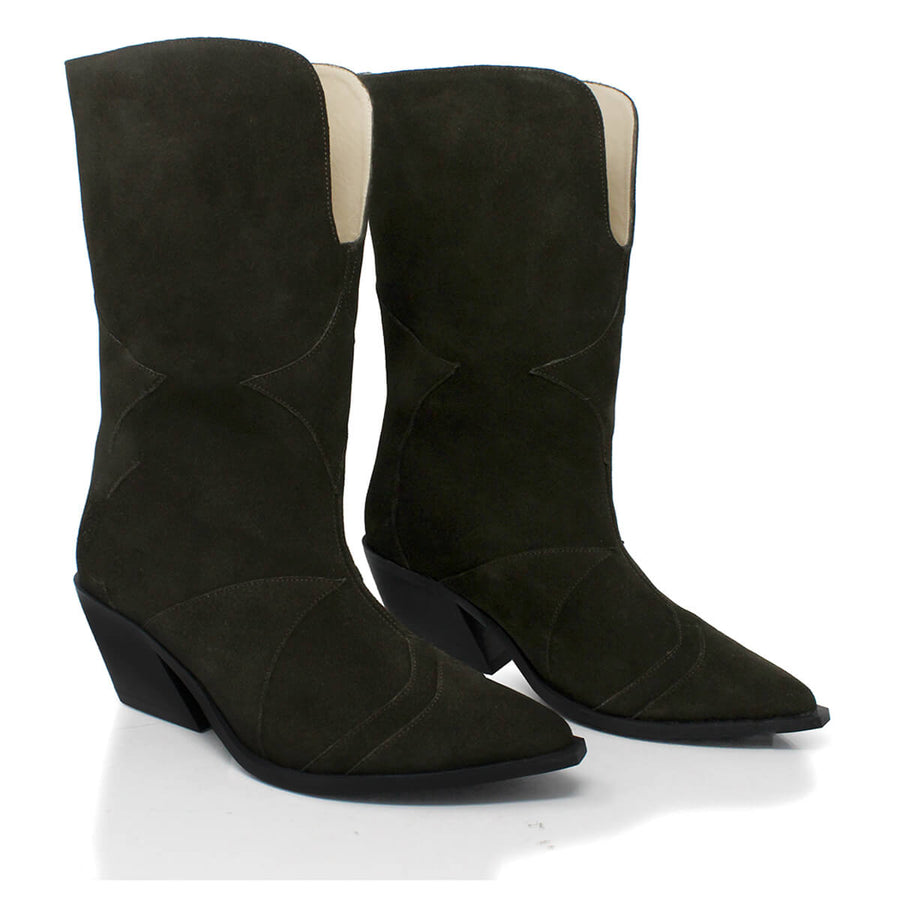 GIGI 60 - Green Suede Regina Romero Low Heel Ankle Boot Shoe for Women in Leather