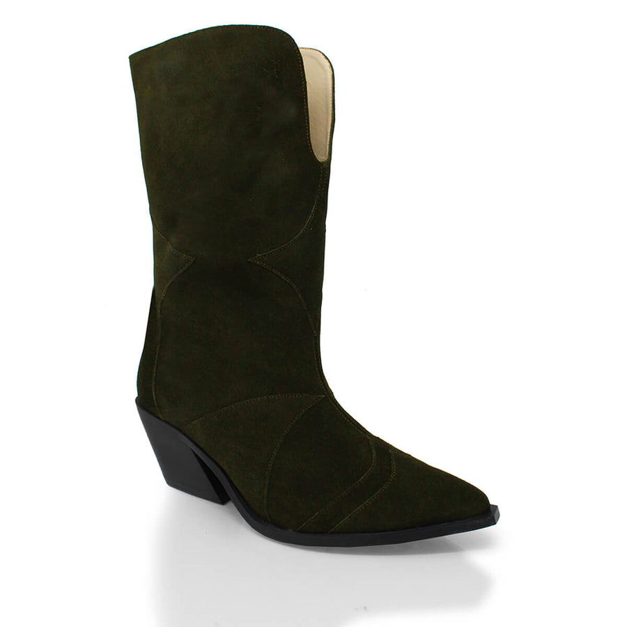 GIGI 60 - Green Suede Regina Romero Low Heel Ankle Boot Shoe for Women in Leather