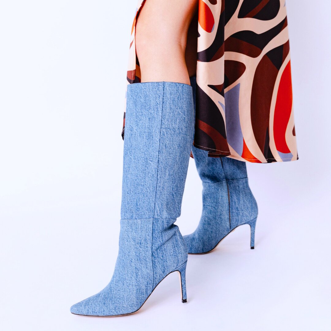 MITZY 75 - Denim Regina Romero Long High Heel Boot Shoe for Women