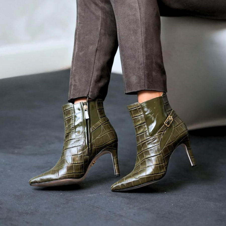 TIZIANA 85 - Khaki Regina Romero Zapato Bota Botin Tacon Alto Para Dama en Piel