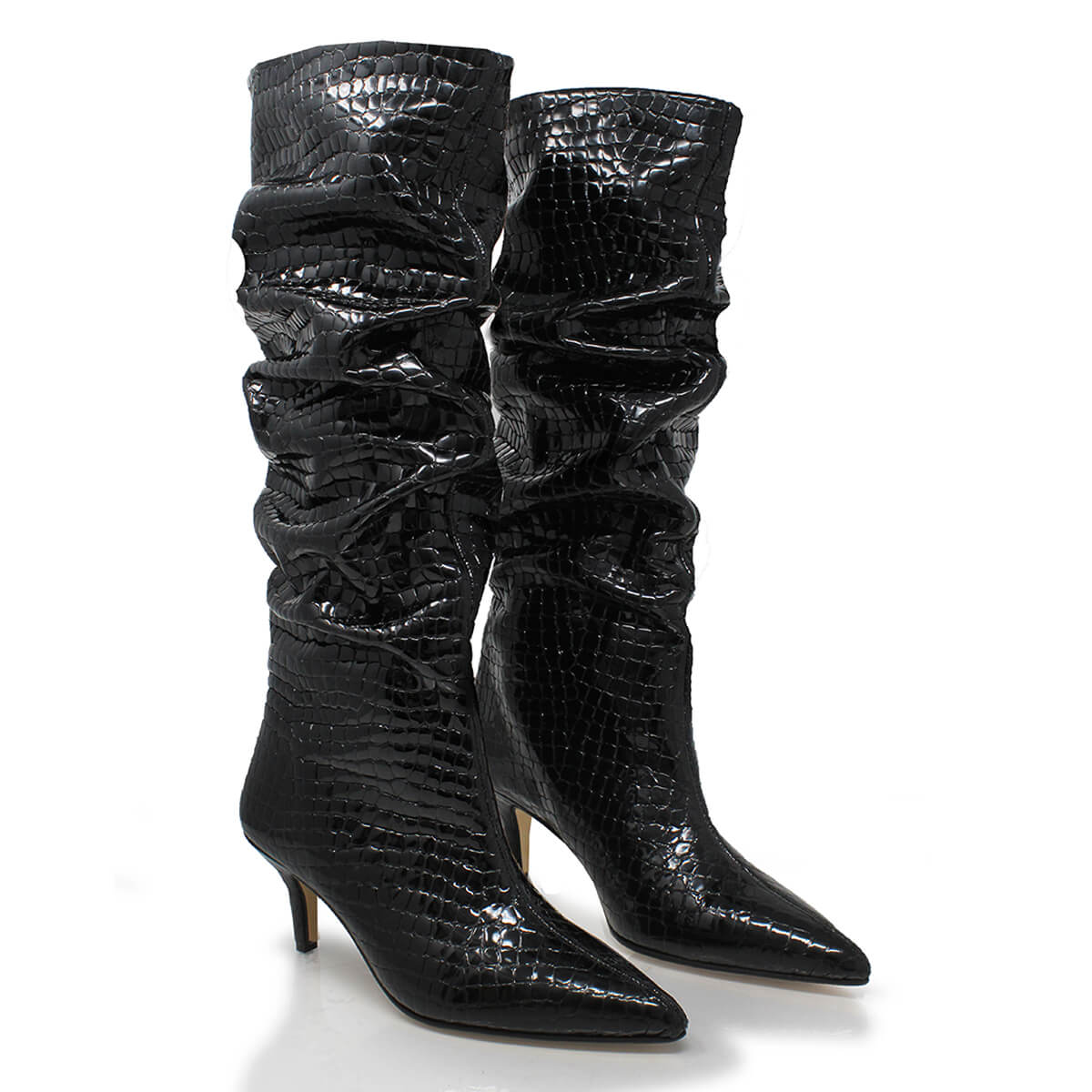 TORI 50 - Black Patent Leather Regina Romero Long High Heel Boot Shoe for Women in Leather