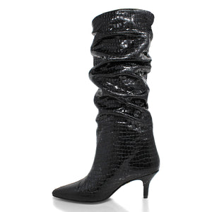 TORI 50 - Black Patent Leather Regina Romero Long High Heel Boot Shoe for Women in Leather