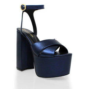 AURA 150 - Azul Metalico Regina Romero Zapato Sandalia Plataforma Tacon Alto Para Dama en Piel