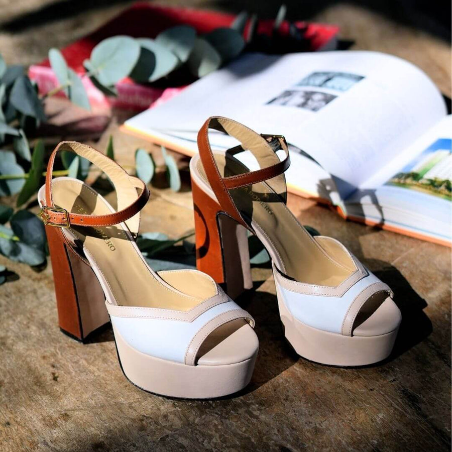 BINA 135 - Beige y Tan Regina Romero Zapato Sandalia Plataforma Tacon Alto Para Dama en Piel