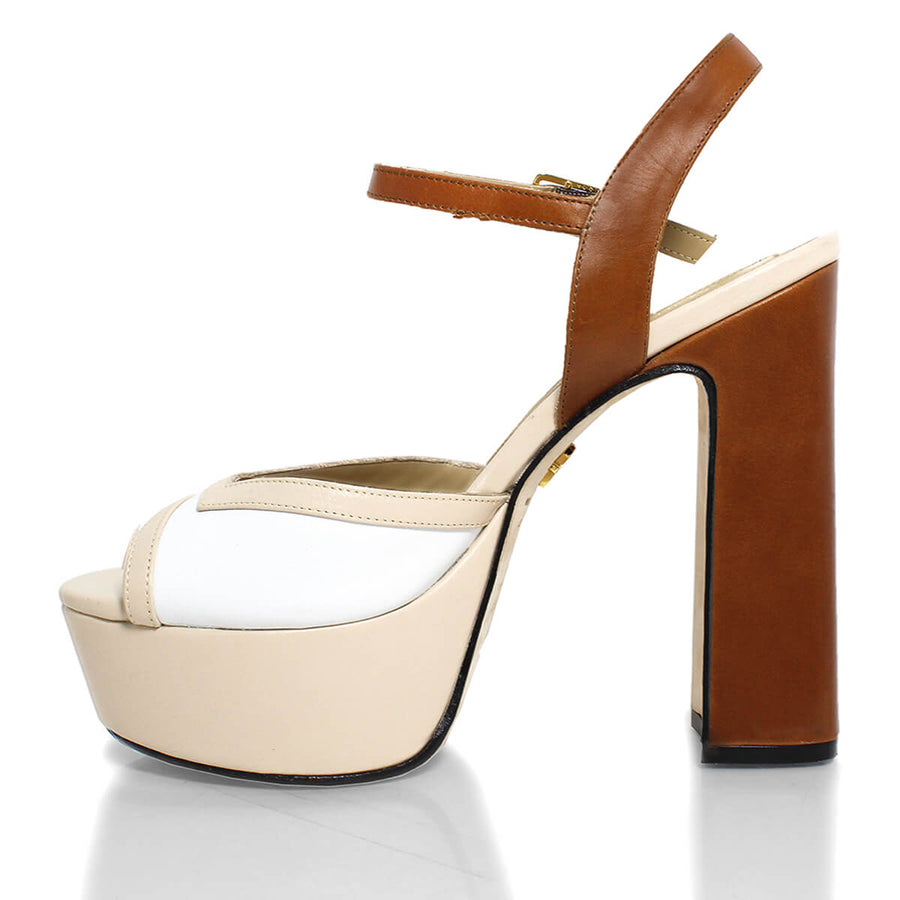 BINA 135 - Beige y Tan Regina Romero Zapato Sandalia Plataforma Tacon Alto Para Dama en Piel