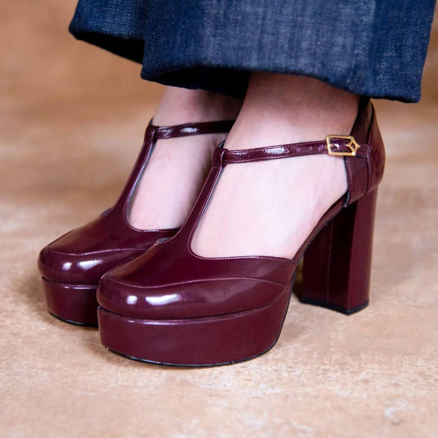 VIVIANA 95 - Charol Vino Regina Romero Zapato Plataforma Tacon Alto Para Dama en Piel