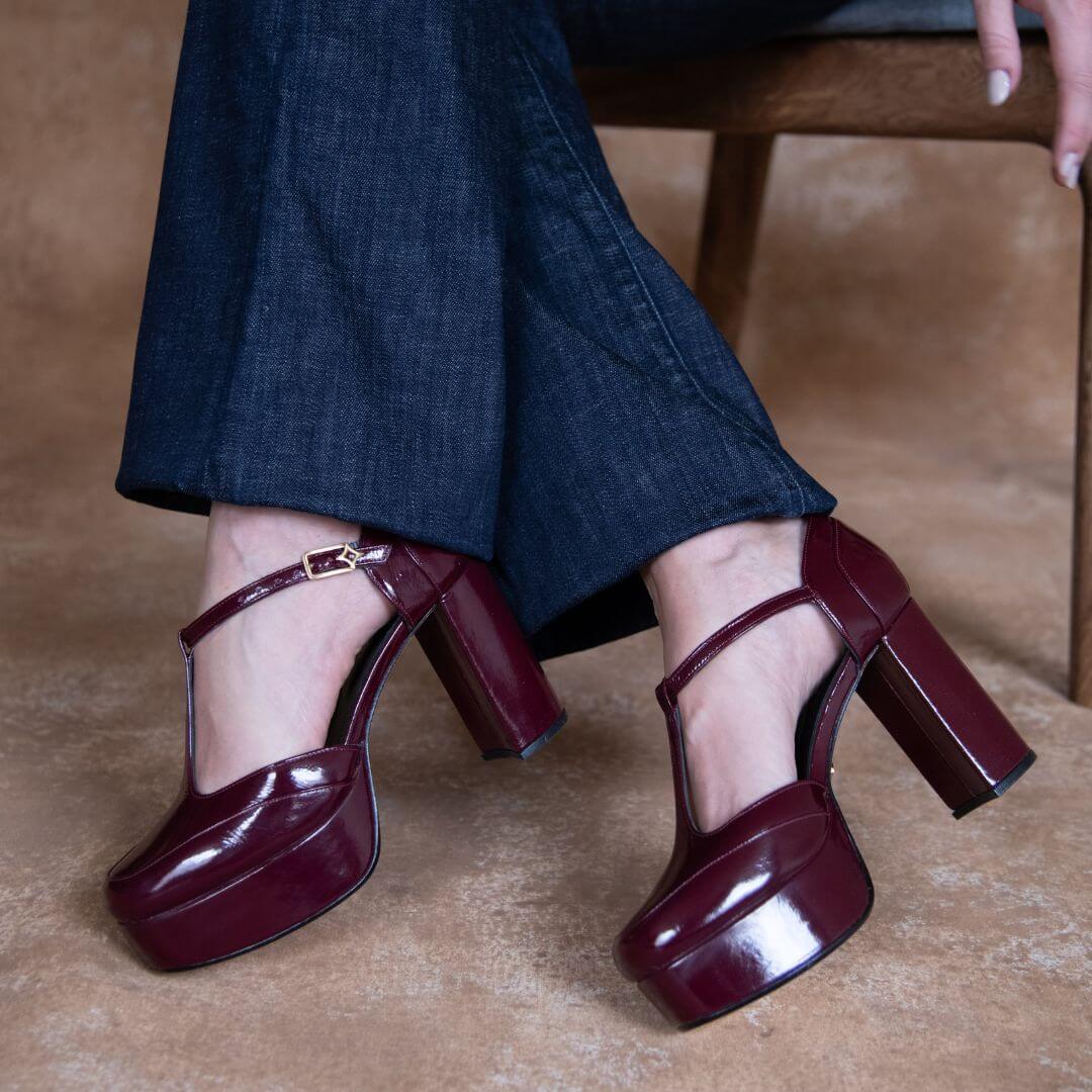 VIVIANA 95 - Charol Vino Regina Romero Zapato Plataforma Tacon Alto Para Dama en Piel