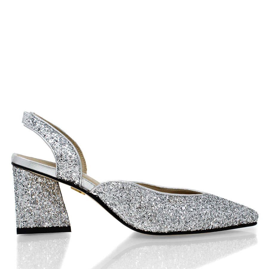 SPARKS 50 - Glitter Plata Regina Romero Zapato Zapatilla Tacon Bajo Para Dama en Piel