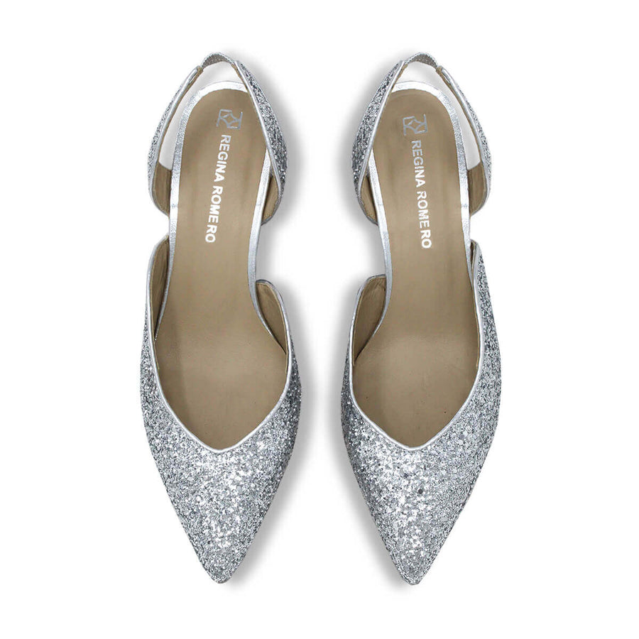 SPARKS 50 - Glitter Plata Regina Romero Zapato Zapatilla Tacon Bajo Para Dama en Piel