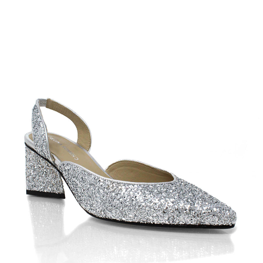 SPARKS 50 - Glitter Plata Regina Romero Zapato Zapatilla Tacon Bajo Para Dama en Piel