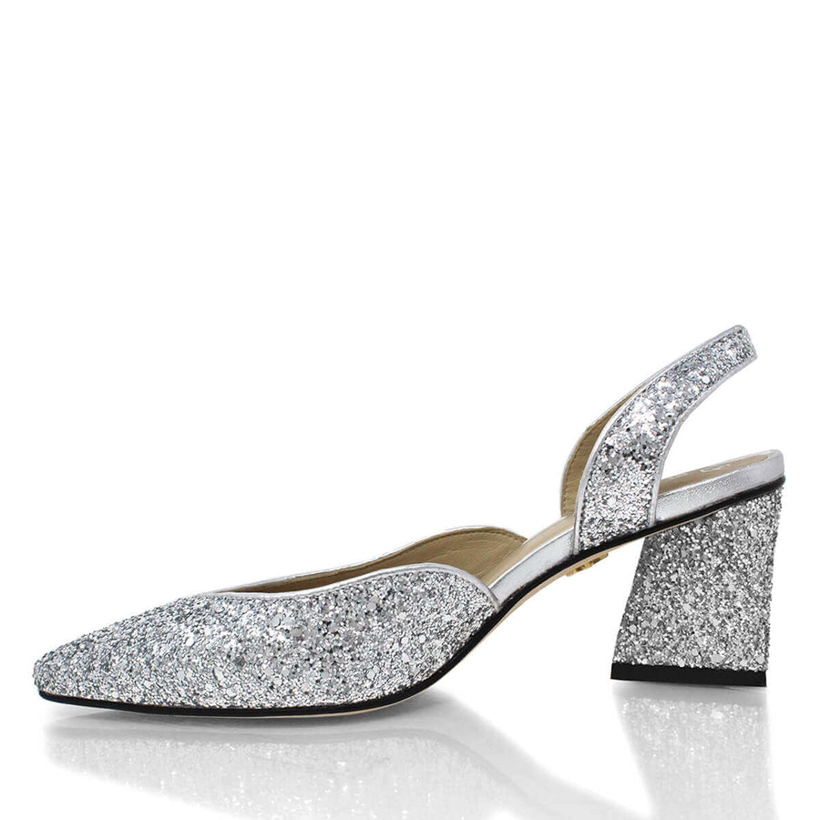 SPARKS 50 - Glitter Plata Regina Romero Zapato Zapatilla Tacon Bajo Para Dama en Piel