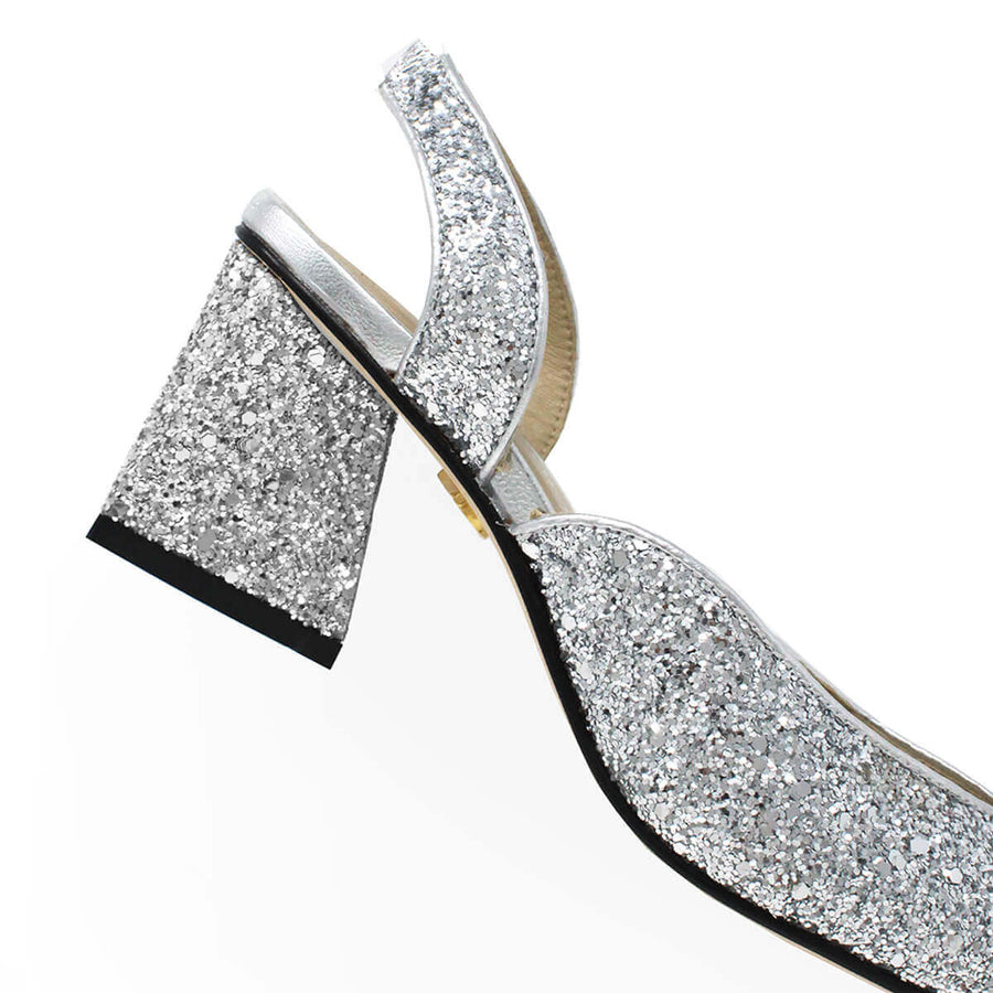 SPARKS 50 - Glitter Plata Regina Romero Zapato Zapatilla Tacon Bajo Para Dama en Piel