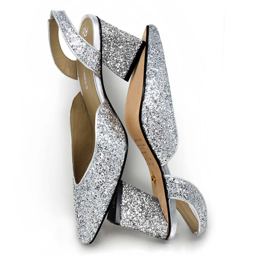 SPARKS 50 - Glitter Plata Regina Romero Zapato Zapatilla Tacon Bajo Para Dama en Piel
