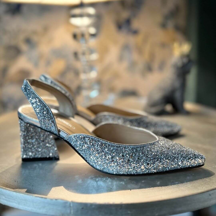 SPARKS 50 - Glitter Plata Regina Romero Zapato Zapatilla Tacon Bajo Para Dama en Piel