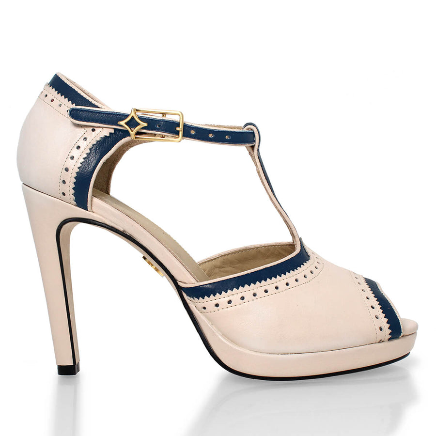 BRONTE 105 - Beige y Marino Regina Romero Zapato Zapatilla Tacon Alto Para Dama en Piel