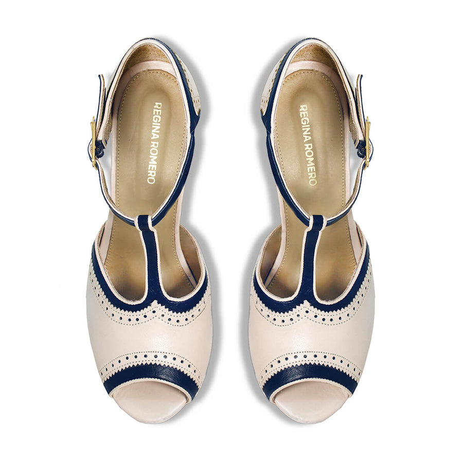 BRONTE 105 - Beige y Marino Regina Romero Zapato Zapatilla Tacon Alto Para Dama en Piel