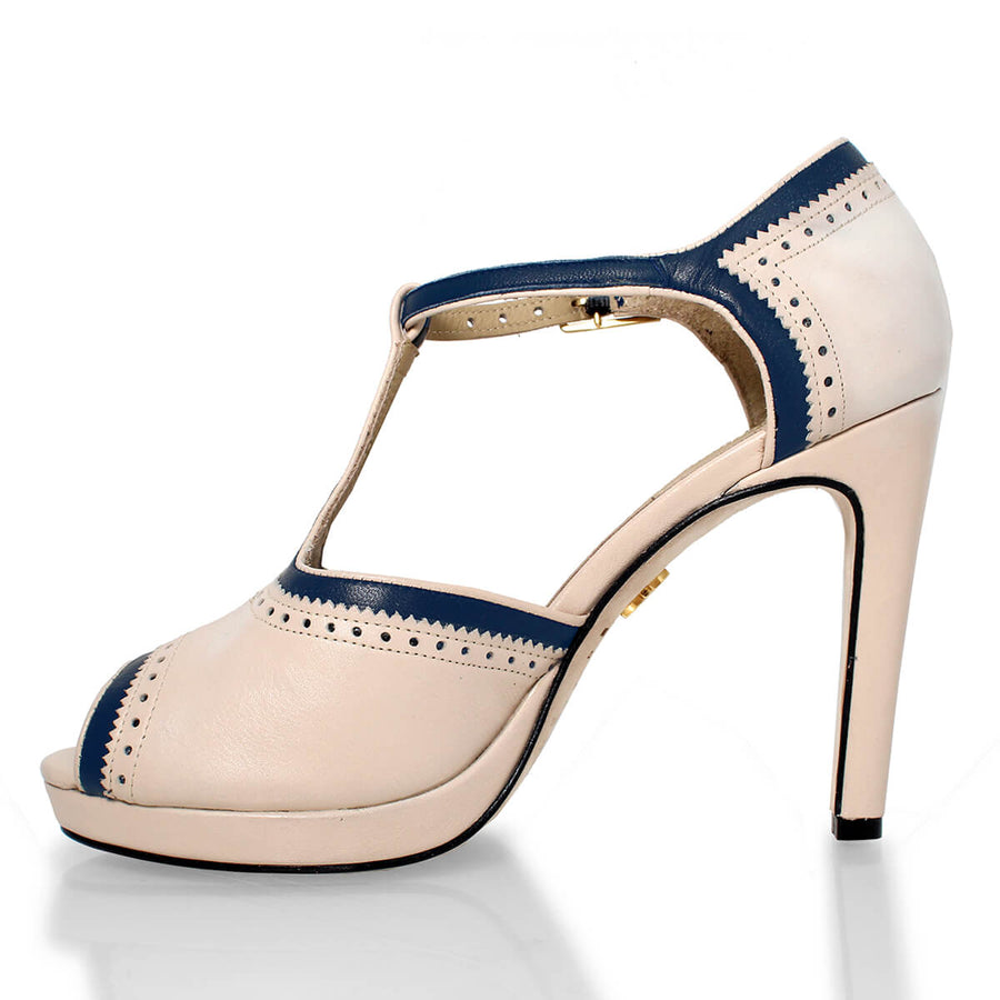 BRONTE 105 - Beige y Marino Regina Romero Zapato Zapatilla Tacon Alto Para Dama en Piel