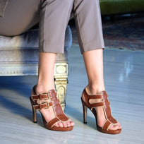 NINFA 105 - Tan Regina Romero Zapato Zapatilla Tacon Alto Para Dama en Piel