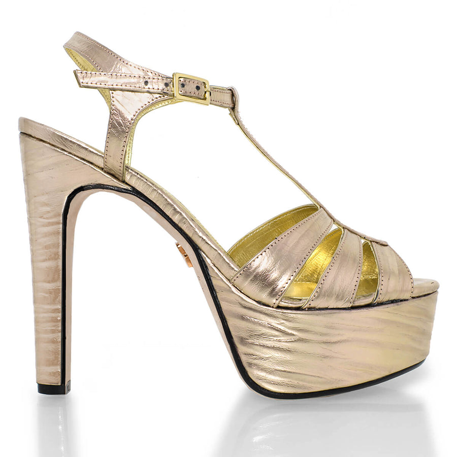 MINA 135 - Oro Claro Regina Romero Zapato Sandalia Plataforma Tacon Alto Para Dama en Piel