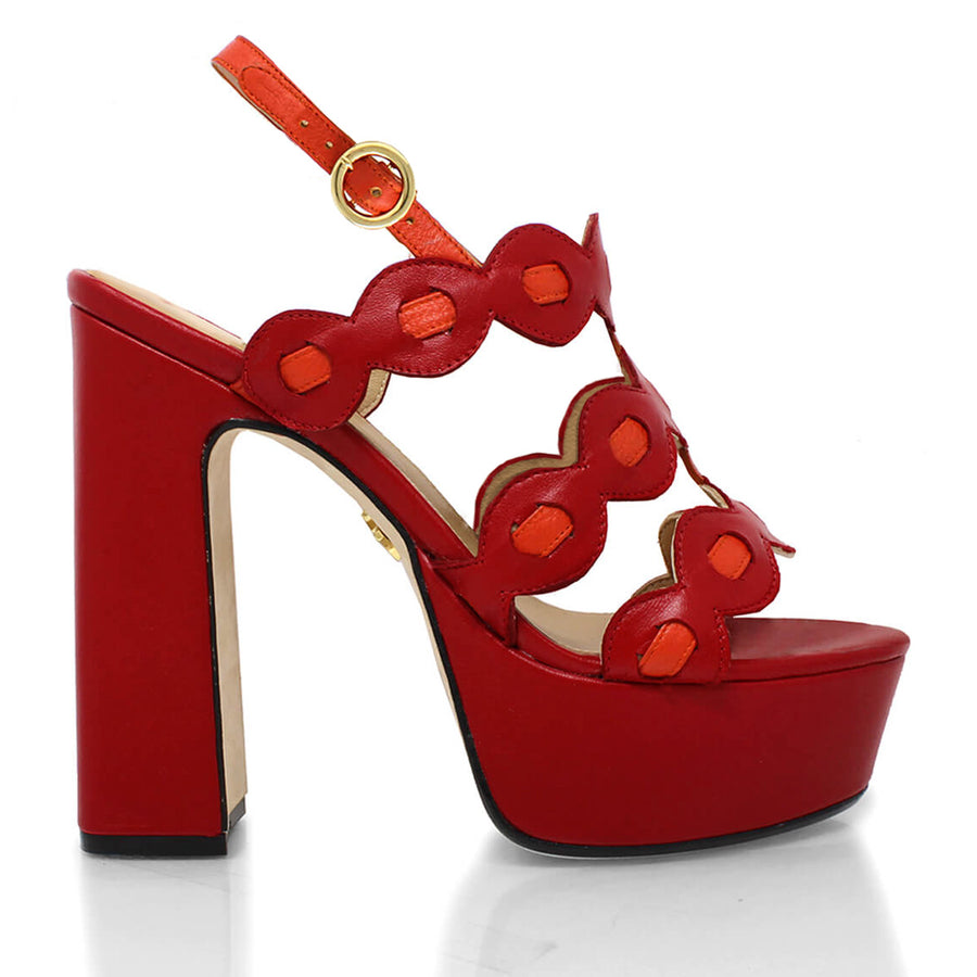 AGNI 135 - Rojo y Naranja Regina Romero Zapato Sandalia Plataforma Tacon Alto Para Dama en Piel