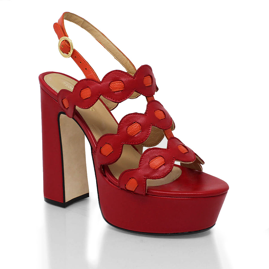 AGNI 135 - Rojo y Naranja Regina Romero Zapato Sandalia Plataforma Tacon Alto Para Dama en Piel