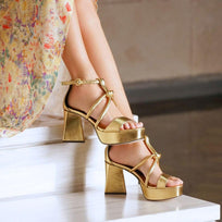 CALIPSO 95 - Oro Regina Romero Zapato Sandalia Plataforma Tacon Alto Para Dama en Piel