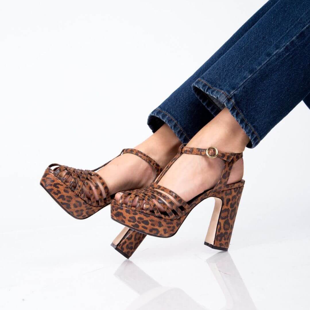 HELENA 120 - Miel Print Regina Romero Zapato Sandalia Plataforma Tacon Alto Para Dama en Piel
