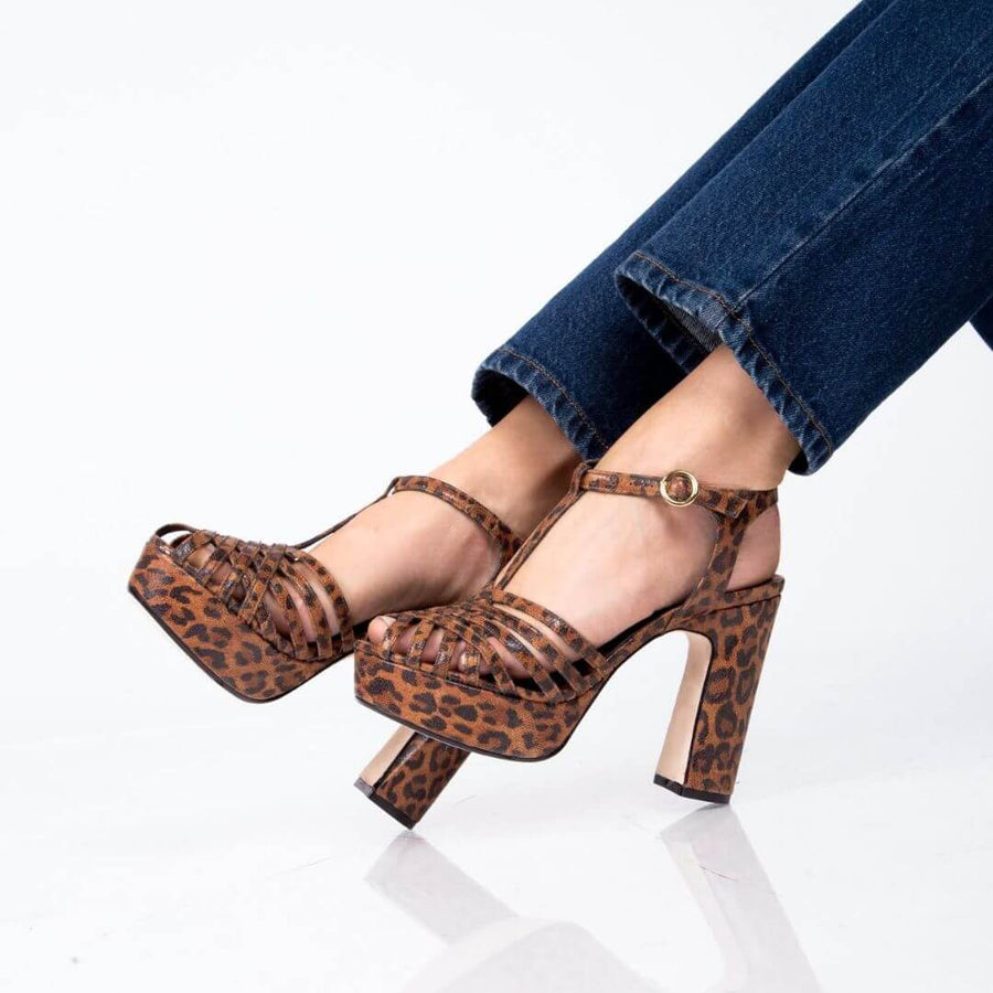 HELENA 120 - Miel Print Regina Romero Zapato Sandalia Plataforma Tacon Alto Para Dama en Piel