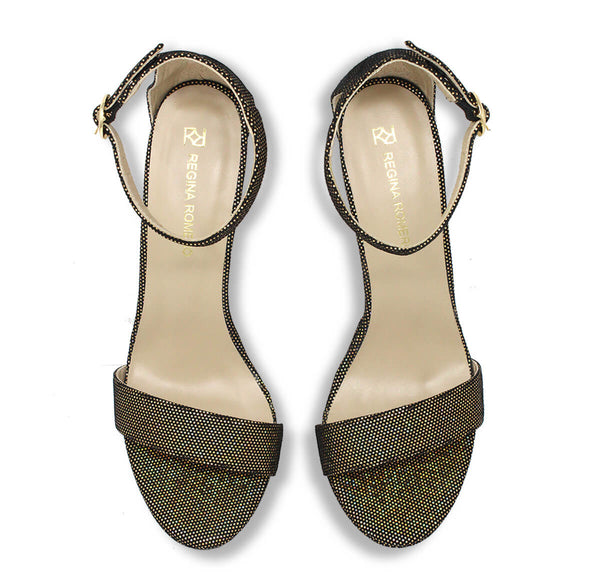 Sandalias Laura 125 Regina Romero en piel color glitter oro, tacon muy alto