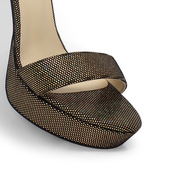 Sandalias Laura 125 Regina Romero en piel color glitter oro, tacon muy alto