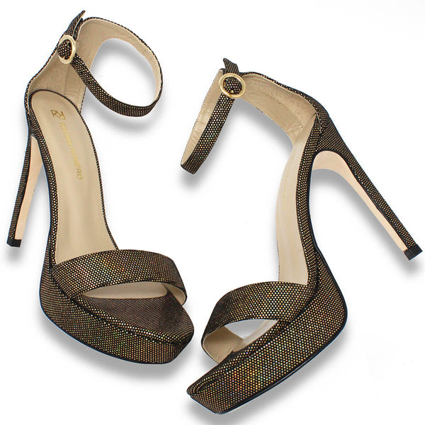 Sandalias Laura 125 Regina Romero en piel color glitter oro, tacon muy alto