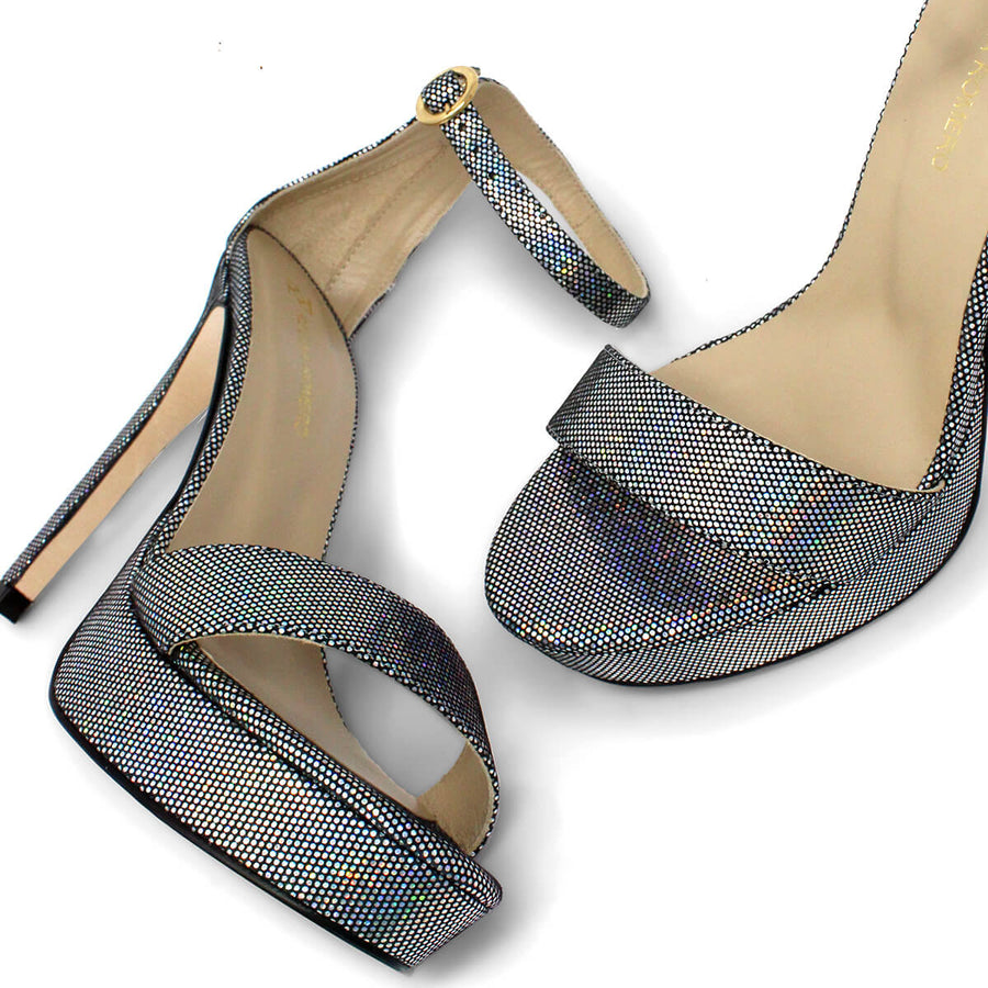 LAURA 125 - Glitter Plata Regina Romero Zapato Sandalia Plataforma Tacon Alto Para Dama en Piel