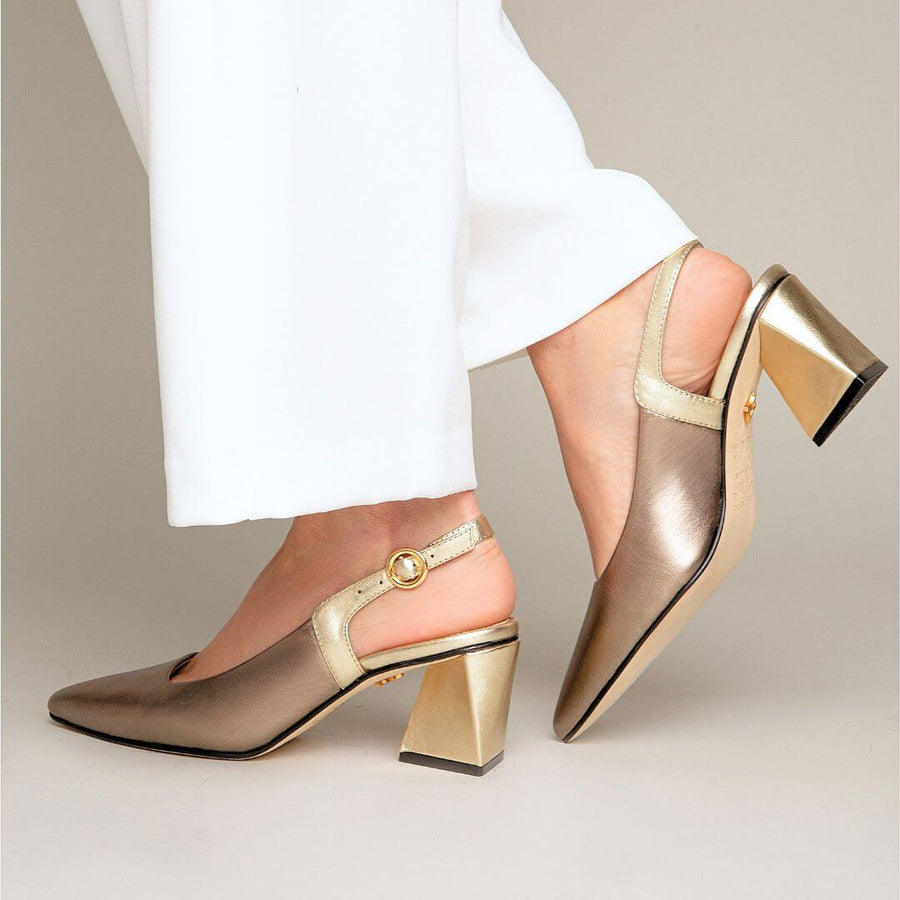 LARA 50 - Seda y Oro Regina Romero Zapato Zapatilla Tacon Bajo Para Dama en Piel