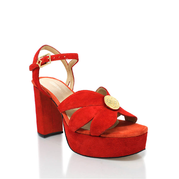 Sandalias Pixie 95 Regina Romero en piel color rojo y naranja, tacon alto