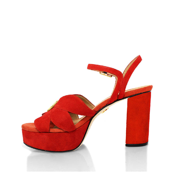 Sandalias Pixie 95 Regina Romero en piel color rojo y naranja, tacon alto